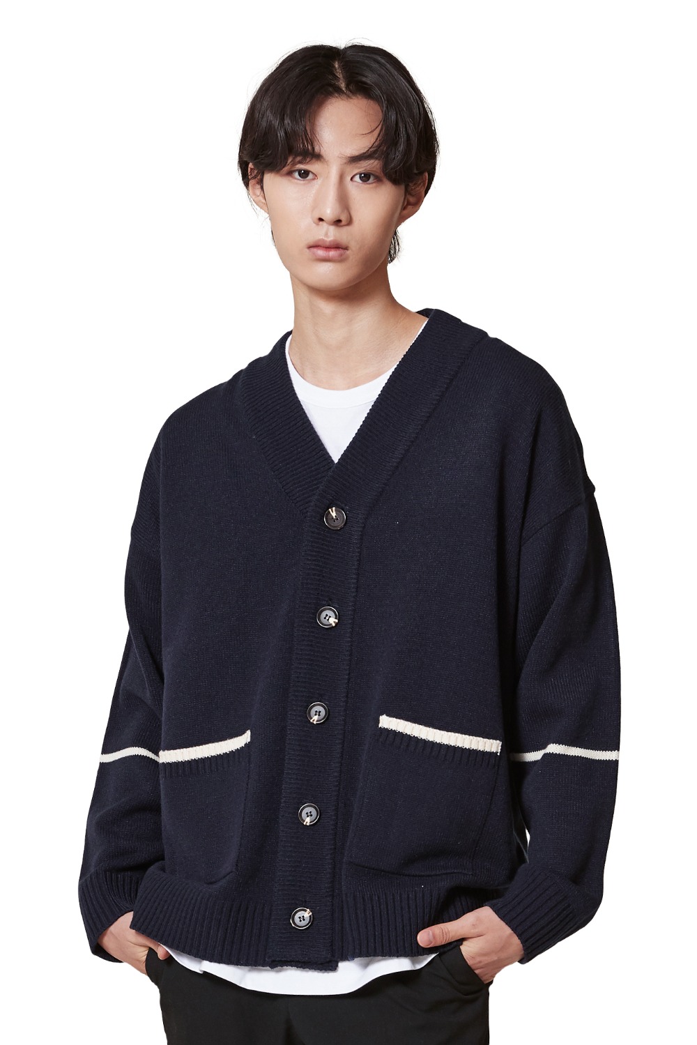 POINT POCKET AND ARM KNIT CARDIGAN_NAVY